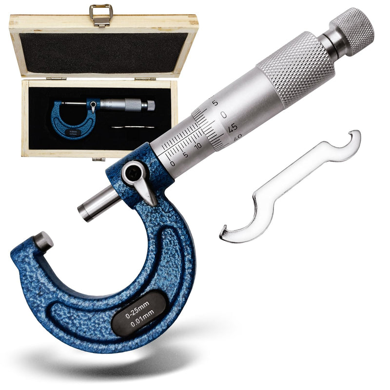 [Australia - AusPower] - MIB Outside Micrometer DIN 863, Painted Shackle | Precision Tool | Micrometer with HM Measuring Surfaces | Measuring & Plan Tools | Diameter Measuring Device | Measuring Range 0-25 mm | Includes 