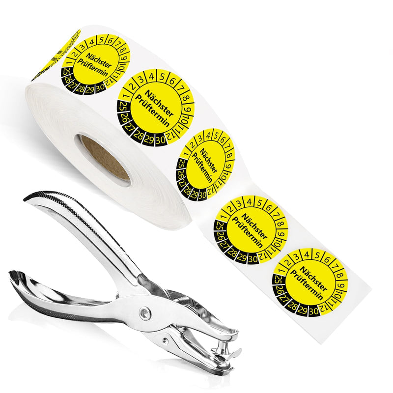 [Australia - AusPower] - 1000 Pieces Next Test Date Test Badges 1 Punch Pliers Test Badge Pliers Round Hole 3 mm Set Single Hole Punch 2025-2030 Yellow Self-Adhesive Test Sticker Punch Pliers for Test Badges Electric 1000 