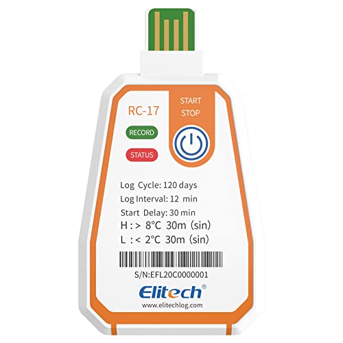 Elitech RC-17 Disposable Temperature Logger USB 180 Days Continuous Recording 16000 Data Sets for Food Medication & Vaccine Cool Chains Alarm Function, IP67 Water Protection 1