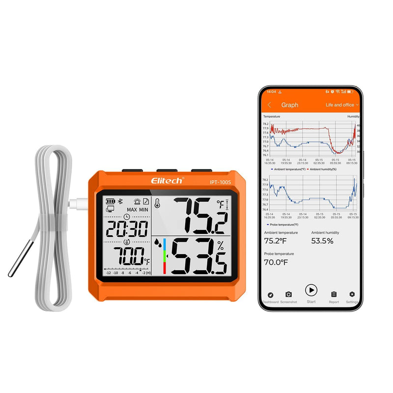 Elitech Digital Bluetooth Hygrometer Thermometer with App, 4.5 Inch Display, Real-time Monitoring of Temperature & Humidity, PDF/CSV Export, External Probe, IPT-100S