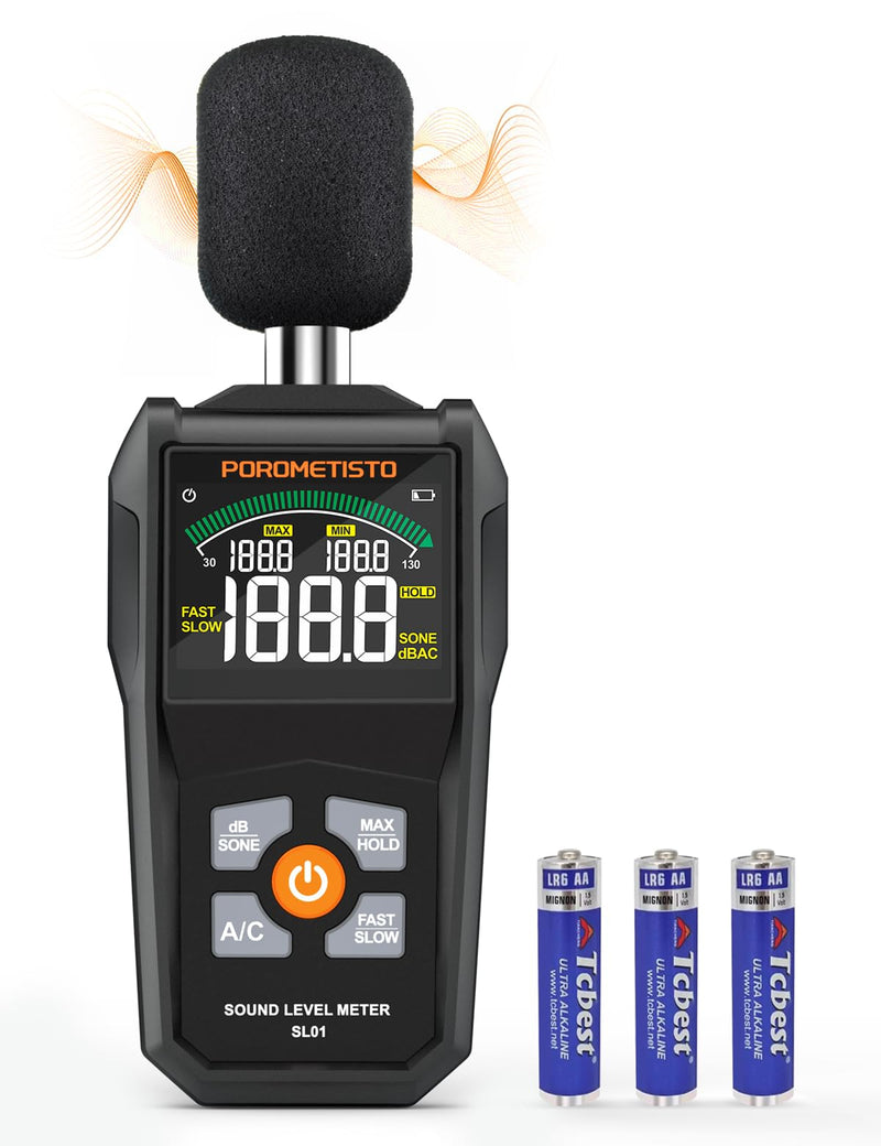 [Australia - AusPower] - POROMETISTO SL01 Decibel Meter, 30-130 dB Sound Level Meter, with A/C Weighting, Data Storage, Maximum/Minimum), Precise dB Meter for Professional, Industrial and Home Use 