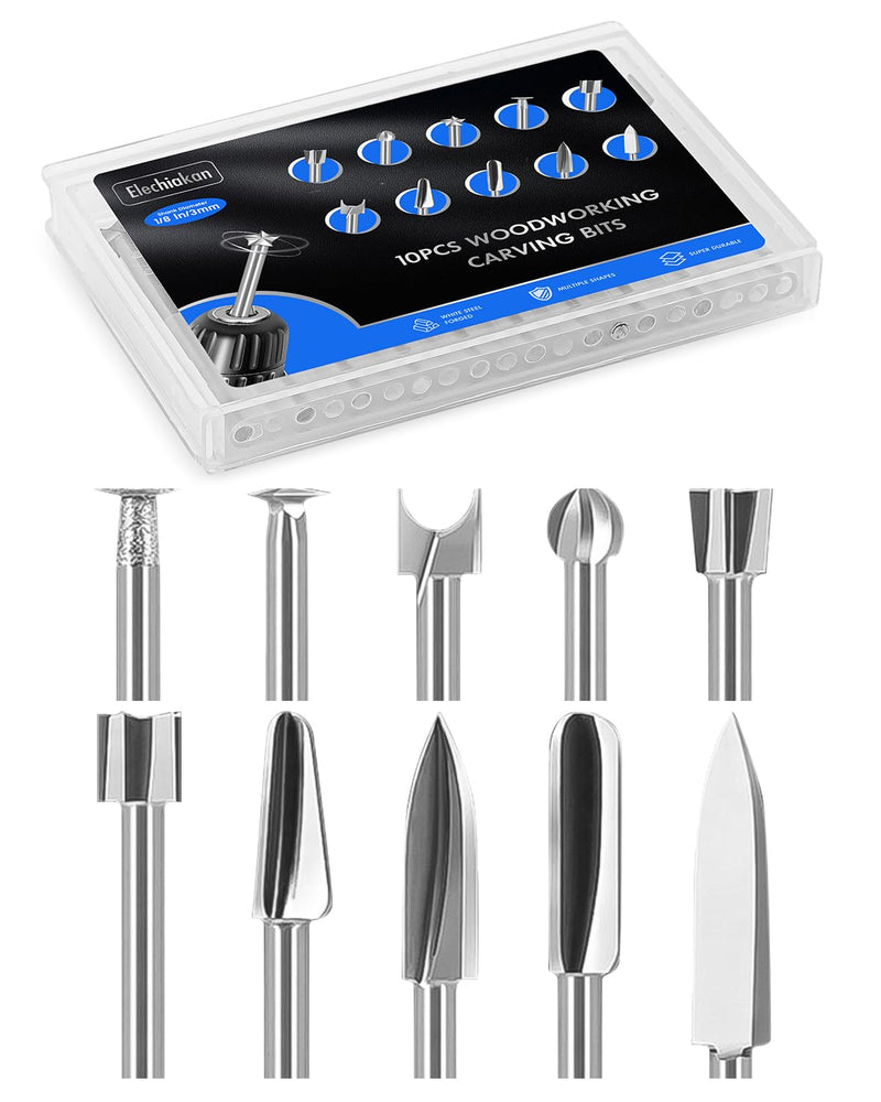 [Australia - AusPower] - 10 Piece Wood Carving Tool Set for Dremel Rotary Tools Accessories, 3 mm Shaft for Wood Carving, Engraving, Drilling, Micro and Sculpture, DIY Wood Tools 