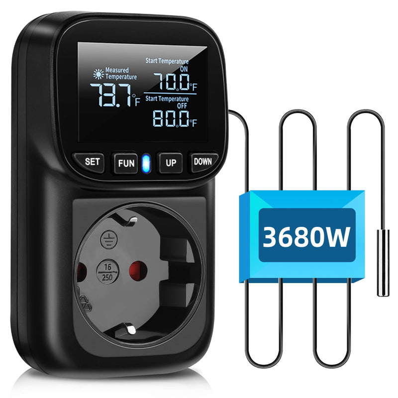 [Australia - AusPower] - Digital Temperature Controller Socket, 230 V Thermostat Socket with 2 m Sensor, Heating, Cooling Temperature Switch, Thermostat Socket, Temperature Switch for Greenhouse, Aquarium, Fridge Black 