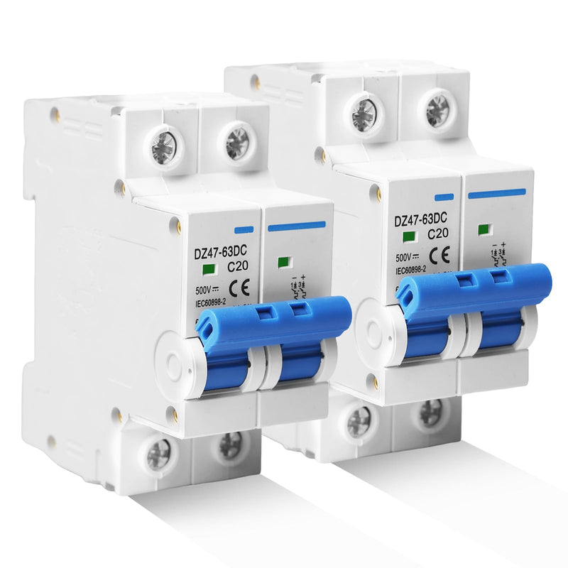 [Australia - AusPower] - Pack of 2 DC Isolator Switches PV System, 500 V 20 A 2-Pin Solar Circuit Breaker, Circuit Breaker for Photovoltaic Systems, Protection Air Switch 35 mm DIN Rail Mounting 500 V 20 A 2 pin 