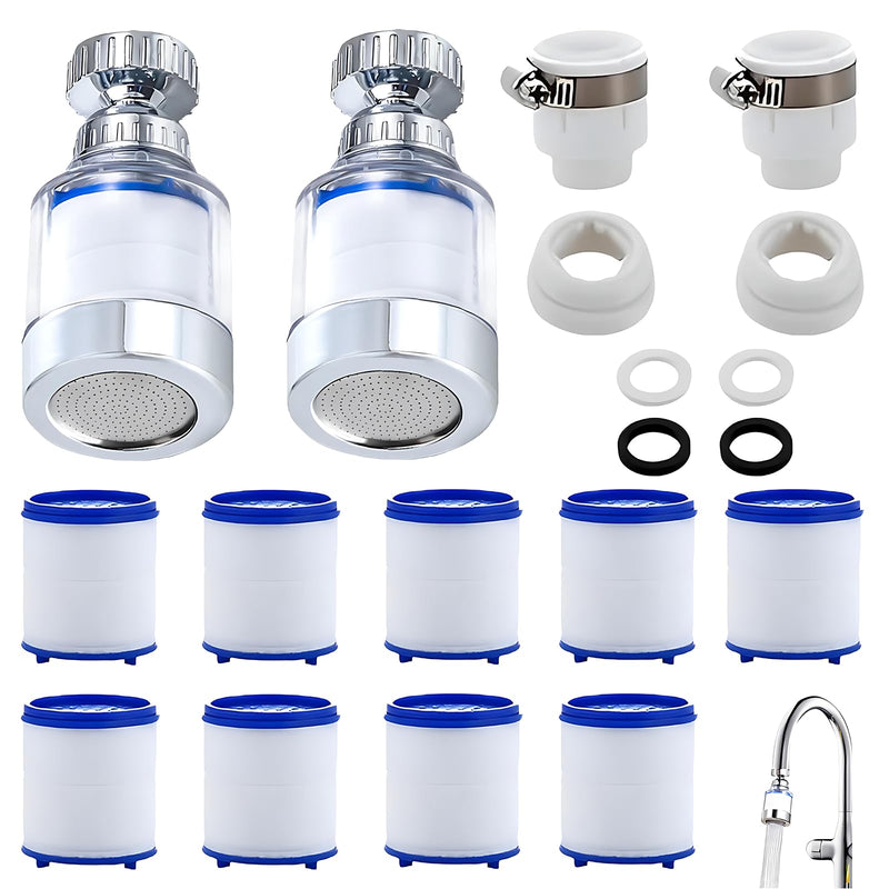 [Australia - AusPower] - Pack of 14 Water Filter Tap, 2 Pieces 360° Tap Filter + 9 Pieces PP Cotton Filter Element + 2 Pieces Universal Interface, for Kitchen, Sink, Bathroom Water Filter for Tap 