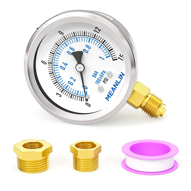 [Australia - AusPower] - MEANLIN MEASURE 0~1BAR/0~15PSI Dry Pressure Gauge Stainless Steel 1/4 Inch BSP 2 Inch Face Dial Waterproof for Fountain Pump Water Tyre Water Pressure Tester Bottom Bracket with 1/2 Inch BSP and 3/8 Mounted on the bottom 