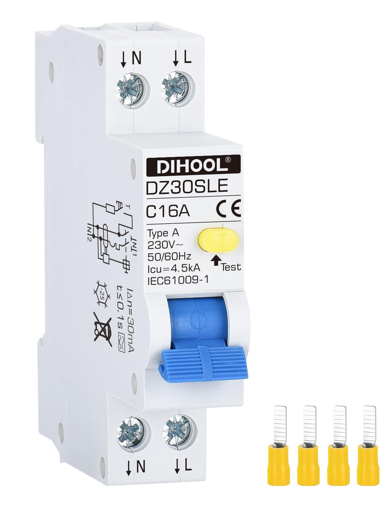 [Australia - AusPower] - DIHOOL FI/LS Circuit Breaker 16 A 30 mA 0.03 2-Pin RCBO C16A Residual Current Circuit Breaker with 18 mm Width Bi-Directional Connection FI LS Switch Type-A, C16A 