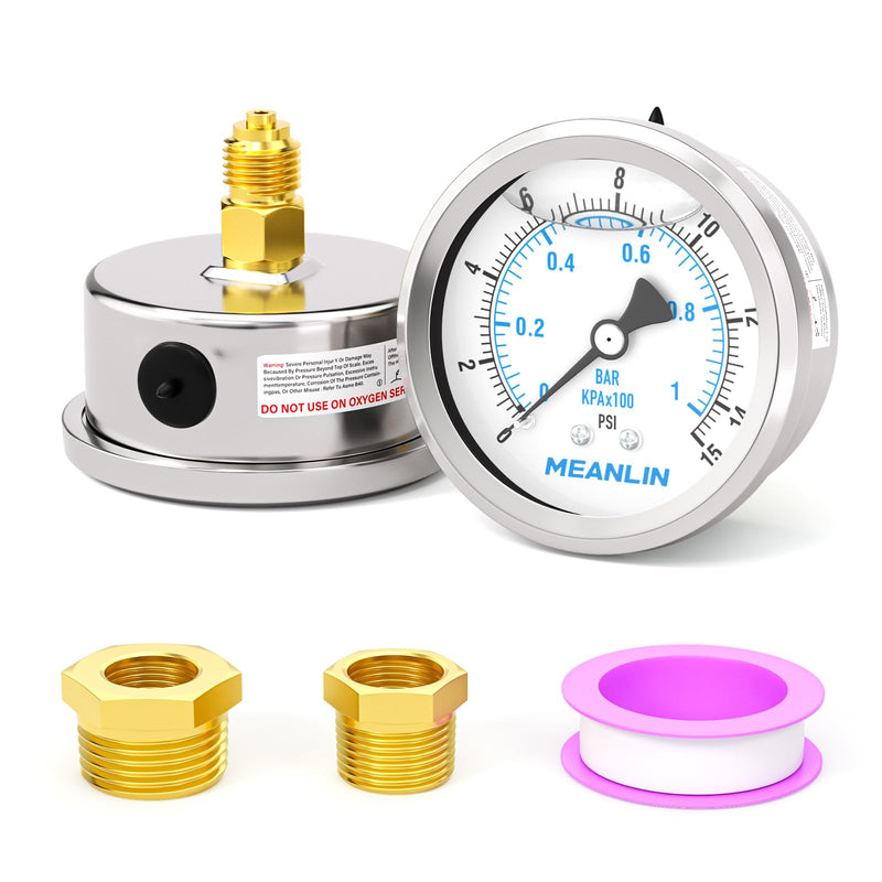 [Australia - AusPower] - MEANLIN MEASURE 0~1BAR/15PSI Stainless Steel 1/4 Inch BSP 2.5 Inch Face Dial Liquid Filled Pressure Gauge WOG Water Oil Air Rear Mount, with 1/4" x 1/2" BSP and 1/4" x 3/8" BSP Hex Socket 0~1BAR/0~15PSI Rear mounted 