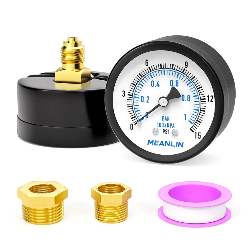 [Australia - AusPower] - MEANLIN MEASURE 0~1BAR/15PSI 2 inch DIAL FACE 1/4 inch BSP well pump pressure gauge, with 1/4 inch x 1/2 inch BSP and 1/4 inch x 3/8 inch BSP hex socket, pool sand filter water oil air pressure test 0~1BAR/0~15PSI Rear mounted 