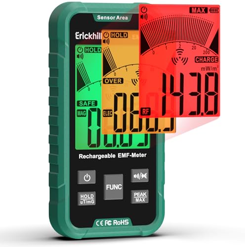 ERICKHILL EMF Meter, 3-in-1 Portable Electrosmog Meter & Ghost Hunting Equipment for RF, EF, MF & WLAN, Radiation Meter with 3-Colour Alarm, Rechargeable Battery for Home, Office & Outdoor MF/EF/RF dashboard