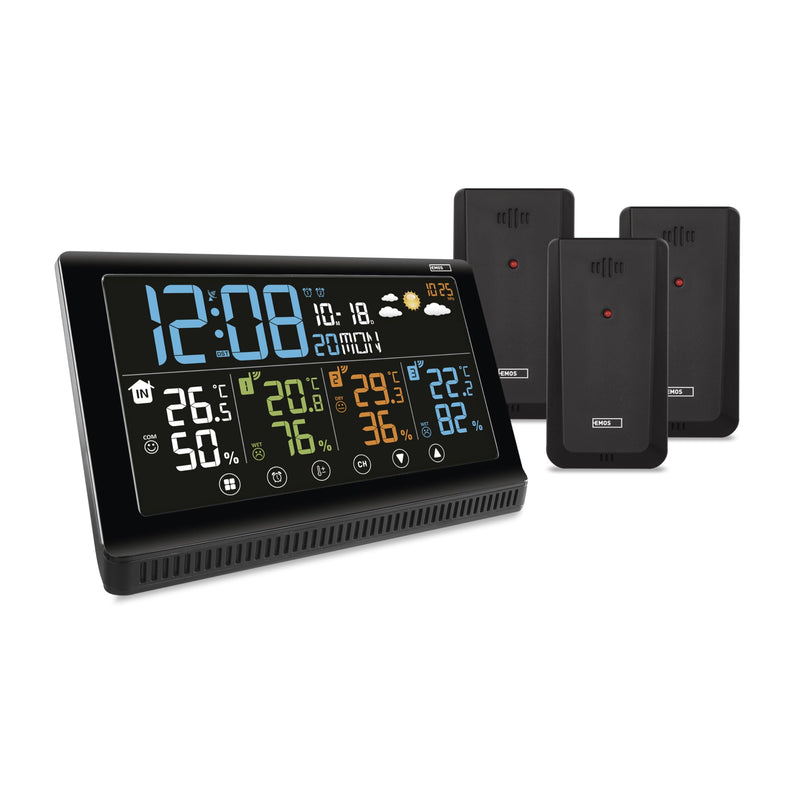 [Australia - AusPower] - EMOS - Wireless Weather Station with 3 Outdoor Sensors and USB Port - Thermometer, Hygrometer, Barometer, Forecast, Memory - Radio-Controlled Clock with Alarm Clock, Calendar, Comfort Display - Stand E8614 