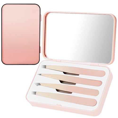 Set of 4 Stainless Steel Tweezers Set Mirror for Eyebrow Facial Hair | Stainless steel, ergonomic handle. 4 different tweezers for eyelashes, eyebrows, fine hairs, travel daily.