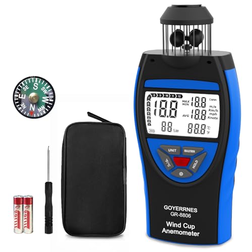 Digital Anemometer Wind Gauge, GR-8806 Handheld Wind Gauge, Anemometer Measures Wind Speed and Temperature, LCD Screen Data Storage, Supports Tripod Screws GR-8806-Blue
