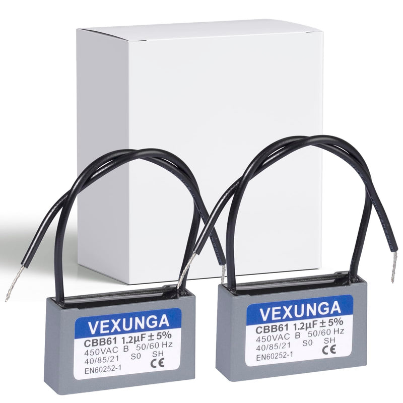 VEXUNGA CBB61 Capacitor 1.2µF 450V AC Fan Capacitors Air Conditioning Ceiling Fan Motor Capacitor Cbb61 Running Capacitor Starting Capacitor 1.2uF 50/60Hz (Pack of 2)