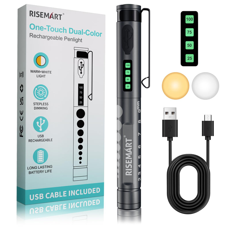 [Australia - AusPower] - RISEMART Medical Diagnostic Light, Rechargeable LED Pupil Light with Battery Display, Warm/Cool White & Continuous Dimming, Portable Aluminium Medical Digital Penlight black 