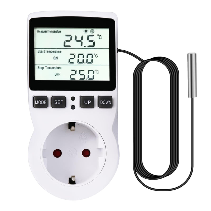 [Australia - AusPower] - Digital Thermostat Socket 250 V with Temperature Sensor and LCD - Heating / Cooling for Greenhouse, Terrarium, Aquarium, Reptiles (EU Plug) 