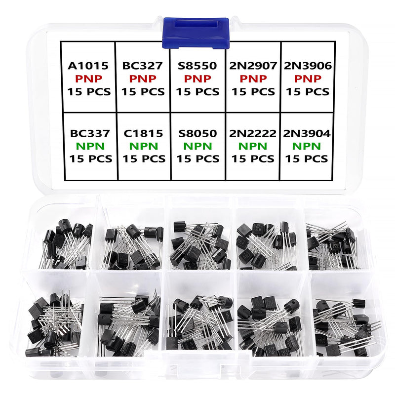 YIXISI 150 Pieces 10 Values A1015 BC327 BC337 C1815 S8050 S8550 2N2222 2N2907 2N3904 2N3906 NPN PNP Power Transistors Assortment Kit 10 Values - 150 Pieces