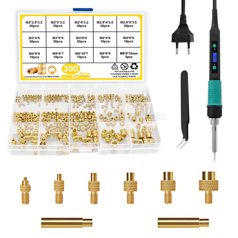 310-Piece Threaded Inserts Soldering Tips Set with 100 W LCD Soldering Iron for 3D Printing | 300 brass melting thread M2 M2.5 M3 M4 M5 M6 M8 with 6 pieces. Soldering Tips & 2 Adapters, Melting Nuts for Plastic Parts