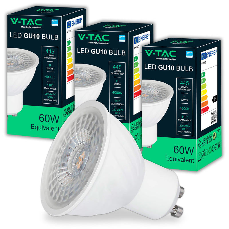 V-TAC 3 x LED Light Bulbs GU10-6 W (Equivalent to 60 W) - 445 Lumens - Chip Samsung - Maximum Efficiency and Energy Saving - GU10 Spot LED Bulbs - Light 6500 K Cool White - Pack of 3 Cold White