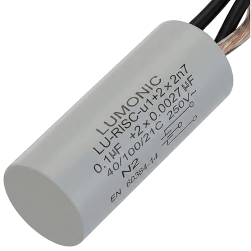 Lumonic I Suppression Capacitor 0.1µF 2x2.7nF 250VAC I 15x35mm I -40... +100°CI 3 Connection Cables I 0.1uF I EMC Capacitor I for Household Appliances, Power Tools, Building Technology, Industrial Applications,