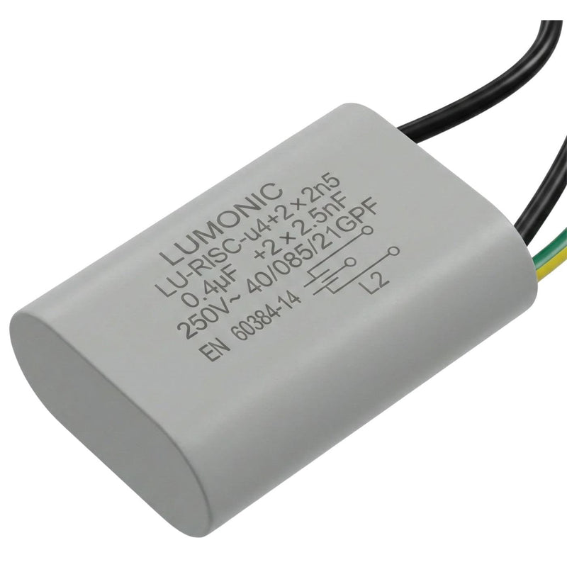 Lumonic Suppression Capacitor 0.4µF 2x2.5nF 250VAC I 42x30x14 mm I -40...+85° I 3 Connection Cables I 0.4uF I EMC Capacitor I for Household Appliances, Power Tools, Building Technology, Industrial Applications