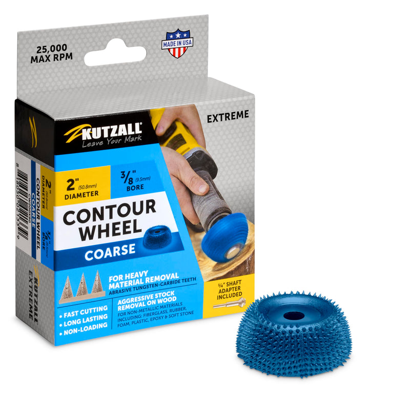 Kutzall Extreme Contour Wheel, 2 Inch (50.8 mm) Diameter x 3/8 Inch (9.5 mm) Bore, Coarse - Wood Carving Die Grinder Accessory for Milwaukee, DeWalt, Bosch. Adapter Included. Abrasive Tungsen Carbide 2"