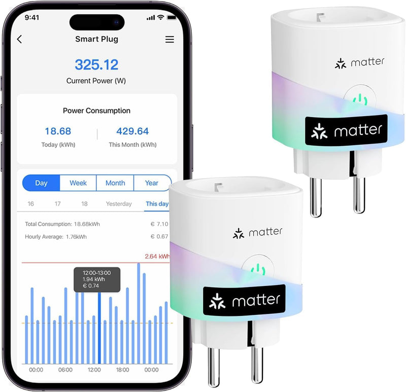 Meross Matte WiFi Socket with Power Consumption, Smart Socket with Electricity Meter for Balcony Power Plant, Works with Apple Home, Home Assistant, Alexa and Google Home, Voice Control, Remote Access | 16A smart socket with electricity meter for balco...