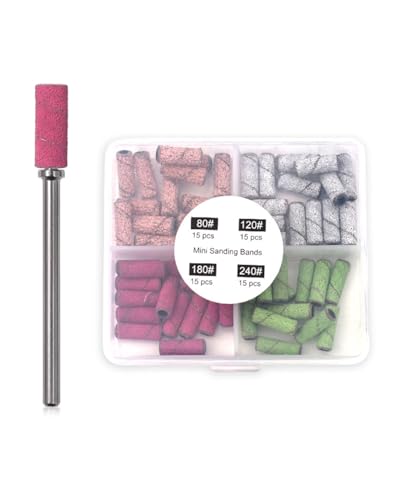 Pack of 60 Sanding Caps with Box, Sanding Sleeves Nail Cutter, 80/120/180/240 for Sanding, Oiling, Trimming, Removing Nails and Removing Dead Skin with 1 Nail Drill (4 Colors)