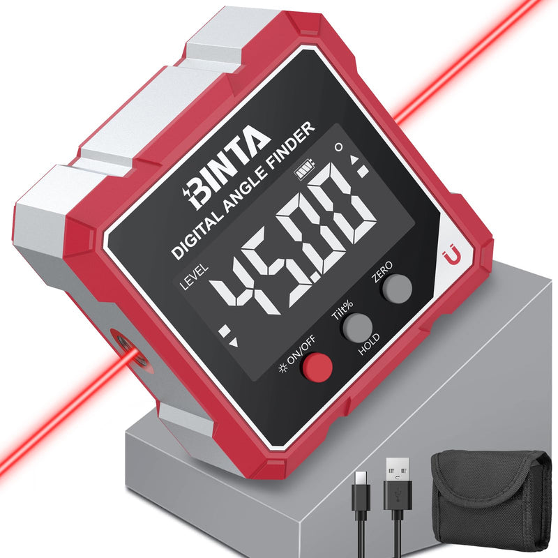 [Australia - AusPower] - BINTA Digital Protractor Inclinometer Laser Spirit Level with LCD Display, Rechargeable IP54 Waterproof Magnetic Levelling Box Level Box for Woodworking, Construction, Decoration, DIY 