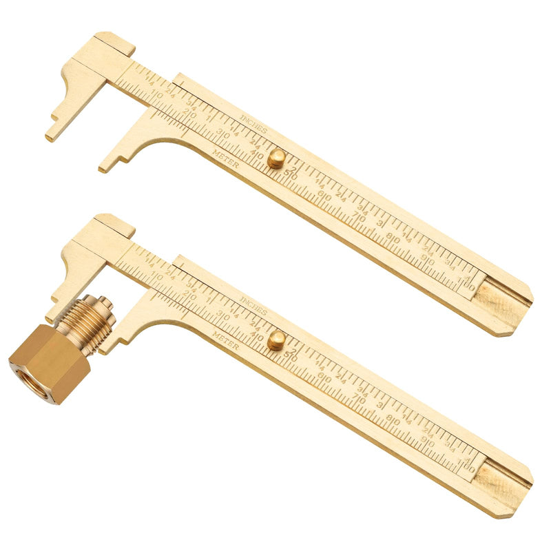 [Australia - AusPower] - UOCAI Pack of 2 Small Callipers, Analogue, Handy Push Gauge, Mini Brass Sliding Gauge, Double Scale, Pocket Ruler, for Jewellery, Woodworking, Inch Measuring Tool Ruler, 100 mm 
