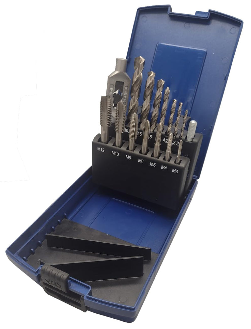 [Australia - AusPower] - PRO by Lienemann Tap and Die Set 15 Pieces | HSS M3 - M12 | Includes Core Hole Drill | Cutting Tap with Tap Wrench | Tap Set Item No.: 2359015 