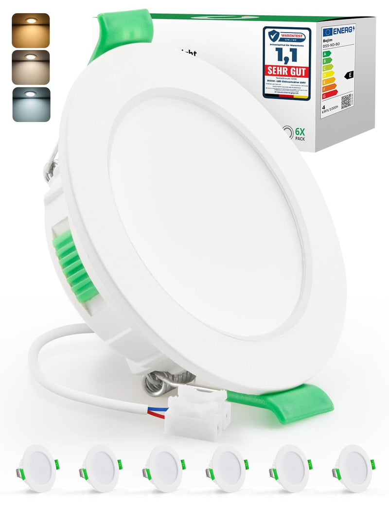 BOJIM LED Spotlights Ceiling Light 230 V IP44 Recessed Spotlight 55 mm - 68 mm Hole Size | Warm White 2700K Neutral White 4000K Cool White 6000K Ceiling Spotlights 4W 380LM Recessed Lights Flat Recessed Spotlight for Not Dimmable. Set of 6