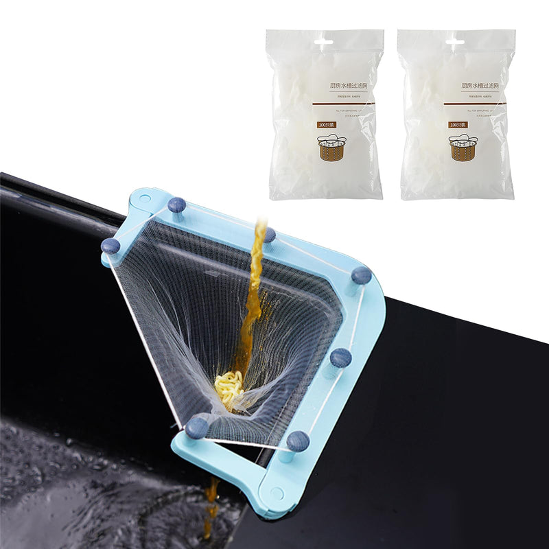[Australia - AusPower] - Kitchen Sink Triangle Tri-Holder Filter, Sink Strainer, Sink Drain Strainer, with a Triangular Blue Frame and 200 Pieces Large Filter Mesh Bags for Kitchen Leftovers 