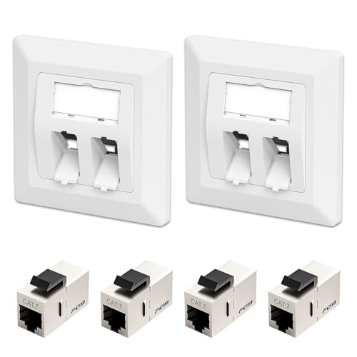 FGB 2x CAT7 Keystone Network Socket Flush-Mounted 2 Port with Keystone Module White | 4x CAT7 Keystone Coupling, Shielded, Female to Female, Patch Cable Coupling, Network Coupling, 10 Gbit/s STP
