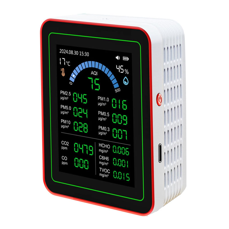 [Australia - AusPower] - Air Quality Meter, CO2 TVOC HCHO PM2.5 PM10 Temperature Humidity Detection Tester, Indoor Battery Operated Data Memory, 18 in 1, 2000mAh Battery, 2.8 