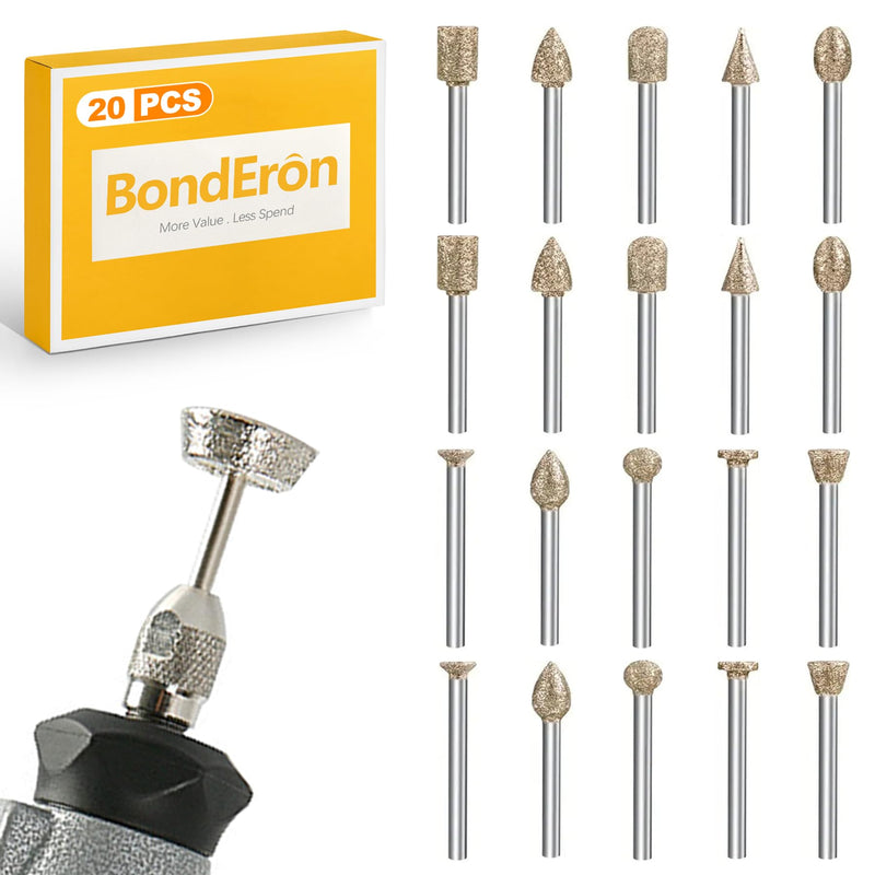 [Australia - AusPower] - BondEron 20 Piece Diamond Cutter Set 3 mm Shank, Diamond Grinder Burr, Glass Cutter Tile Cutter for Grinding & Milling Glass Stones Tiles, Compatible with Dremel 