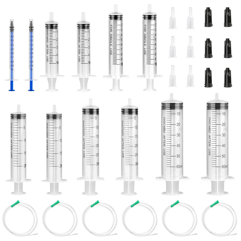 Pack of 30 Syringes without Needle 1+5+10+20+30+60ml Colostrum Syringe | With hose, reusable plastic syringe set for laboratories, animal feeding, plant irrigation
