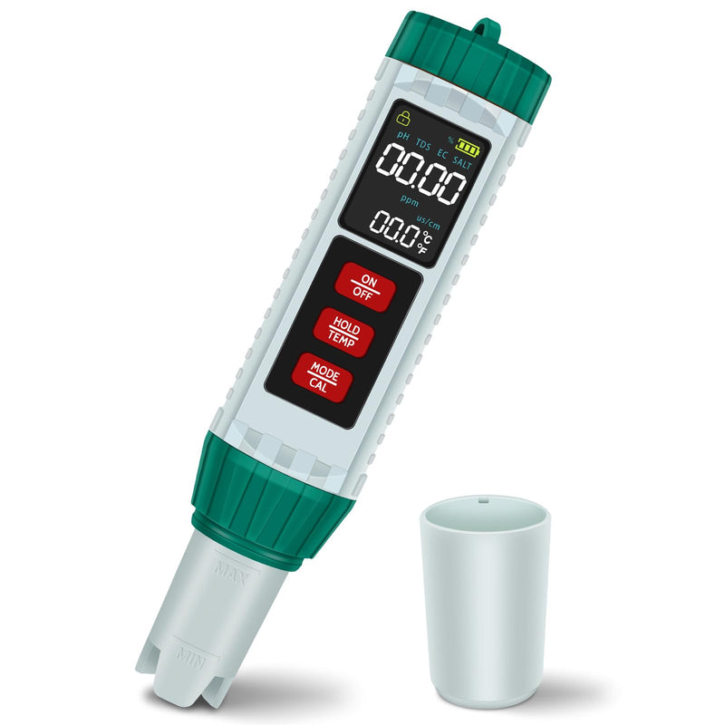[Australia - AusPower] - PlayDen PH Meter Water, PH/TDS/EC/Salinity/Thermometer 5 in 1 pH Value Meter with LCD Display, Automatic Temperature Compensation pH Pool Tester, High Precision Drinking Water Tester 