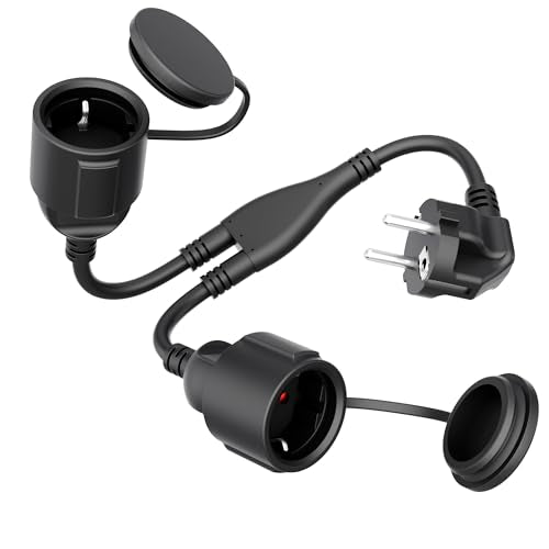 Extension Cable 0.5m with 2 Sockets IP44 - Waterproof Black Compact PVC Cable with Double Socket and Protective Covers 2 Schuko sockets, 0.5 meter cable