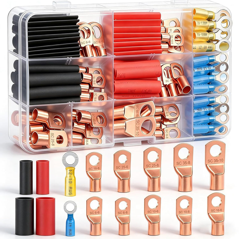 mxuteuk 130pcs Battery Cable End AWG 2 4 6 8 10 12 14 16 Specifications Copper Cable Connector, Ring Terminal Connector, Copper Ring Terminals with Heat Shrinkage 130PCS 10Size