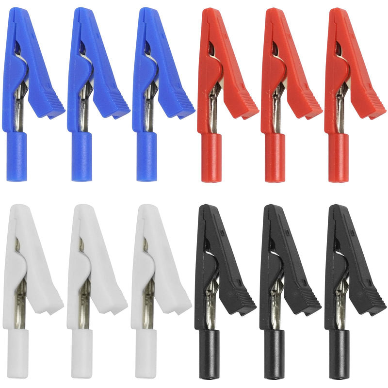 Insulated Crocodile Clips Small (2 mm) Pack of 12 | Fully insulated crocodile clips in 4 colors, safety test alligator clip, for 2 mm test probes and banana plugs