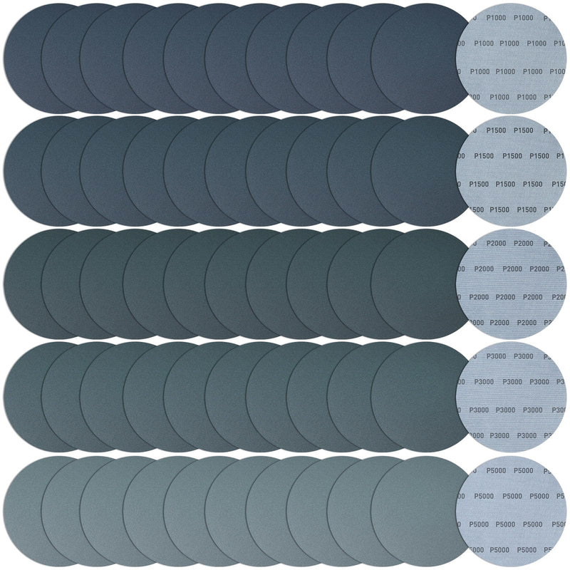 Pack of 50 Sandpaper 150 mm, Wet and Dry Sanding Discs, Grit 1000 1500 2000 3000 5000 Without Hole Round Sandpaper, Random Orbital Sandpaper Sanding Sheets for Metal Glass Car Polishing 1000 1500 2000 3000 5000 grit