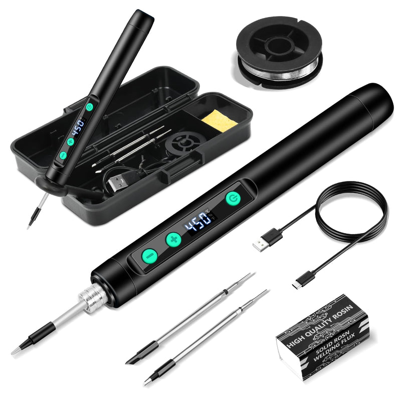 [Australia - AusPower] - KKMOL Wireless Soldering Iron Set, USB Battery Soldering Iron with LCD, Temperature Adjustable 180 ℃-450 °C, 3 Soldering Tips, Soldering Wire, Soldering Set for Welding Repair - Black 