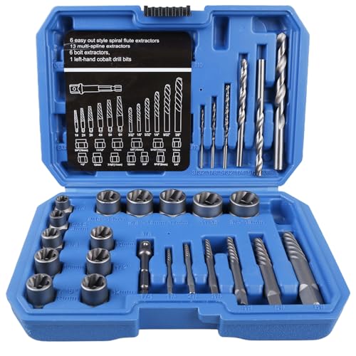 26-Piece Screw and Nut Remover Set, Left Extractor Set with Carry Bag, Professional Screw Extractor Set, Remove Damaged, Rusted Nuts