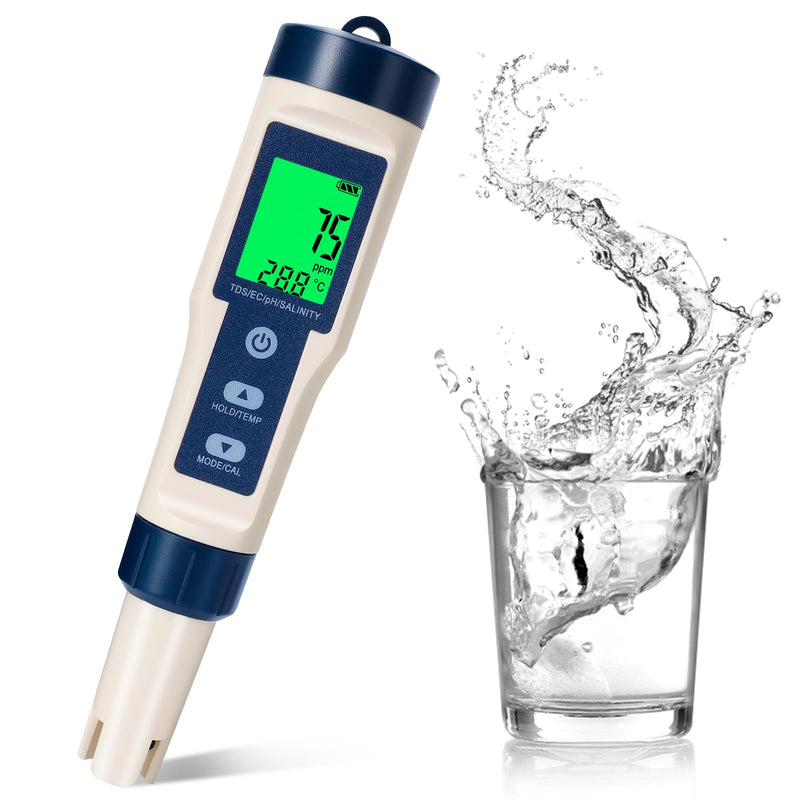 [Australia - AusPower] - 5-in-1 pH Meter with LCD Display, Precision Measurement of PH, TDS, EC, Temperature, T3 Water Quality Tester for Pool, Aquarium, Drinking Water and Hydroponics, Automatic Temperature Compensation White 