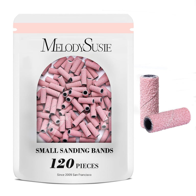 MelodySusie 120 Pieces Sanding Sleeves for Nail Drill Bits (3.1mm Mandrel) - 180 Fine Grain Sanding Bands for Acrylic Nails/Gel Manicure/Pedicure (Pink) pink