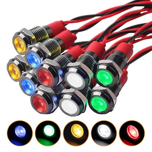 Indicator Light 6mm 12V Set of 10 Waterproof IP67 | Metal Housing Car Signal Lamp for Motorcycle/Truck/Boat, 2 each Red/Green/Yellow/White/Blue