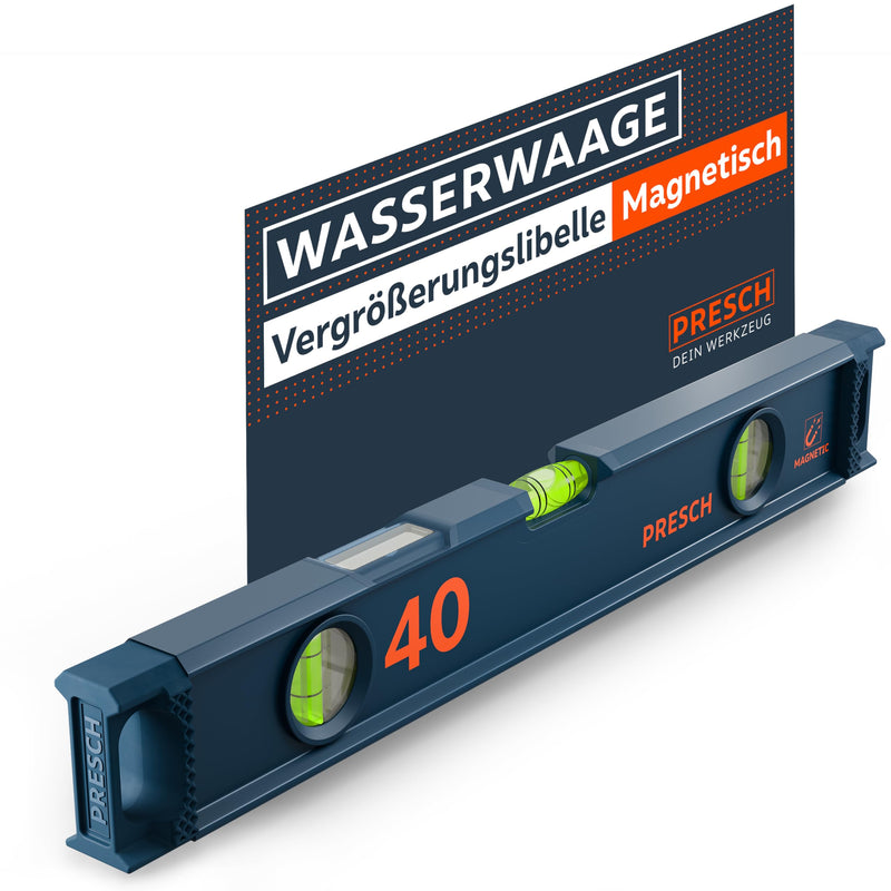 [Australia - AusPower] - Presch Magnetic spirit level, 40 cm, shatter-proof wide angle level including 2% gradient display, vertical view function thanks to viewing window, innovative anti-slip end caps and precise measuring 40cm 
