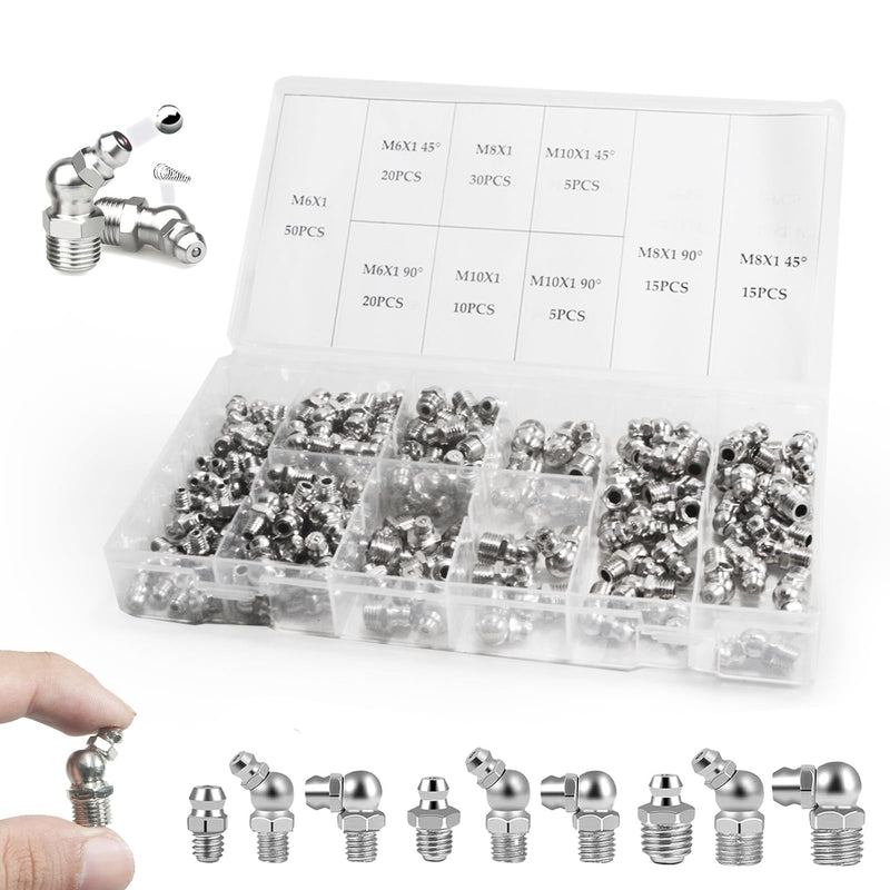 [Australia - AusPower] - LANZLC Pack of 170 Grease Nipple Assortment Kit, 45° 90° Nickel-Plated Iron Tapered Lubrication Nipple, M6 M8 M10 Straight Angled, Hydraulic Grease Nipple with Caps Storage Box for Lubricating Presses 