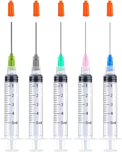 Pack of 5 5ml Ink Filling Syringes, Luer Lock Design, Plastic Syringes | With caps 1.5 inches, 14Ga, 16Ga, 18Ga, 20Ga, 22Ga, blunt tip for liquids, glue, ink 5 ml lure 5.0